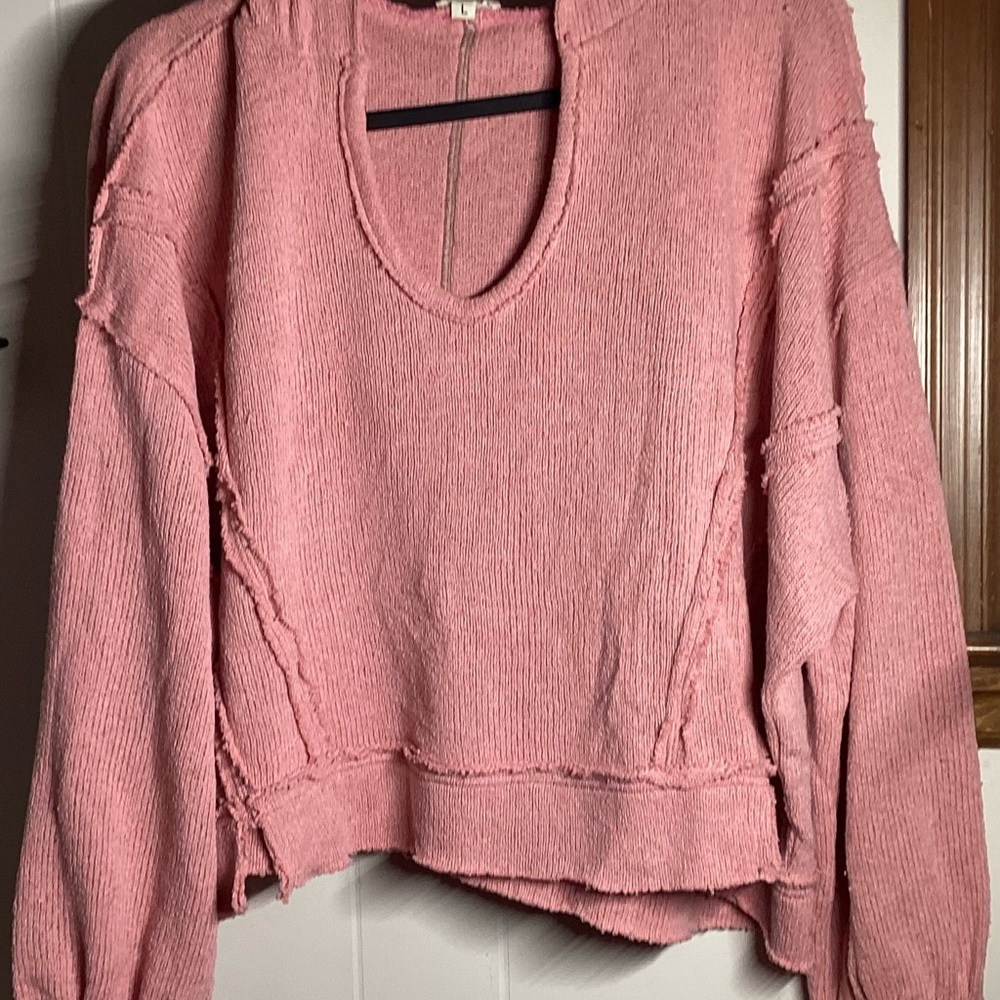 POL Distressed Pink Scoop Neck Sweater
